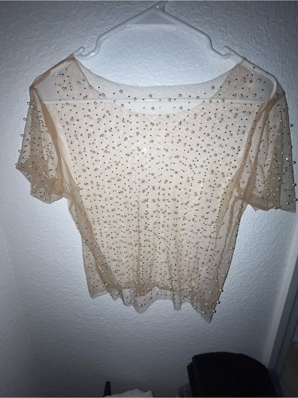 Beaded Sheer Short-Sleeve Top in Nude